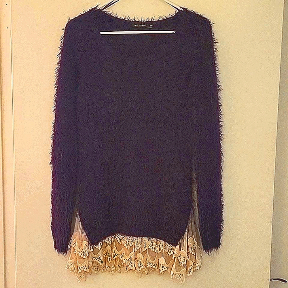 QED London Purple Fuzzy Sweater with Bottom Lace Trim